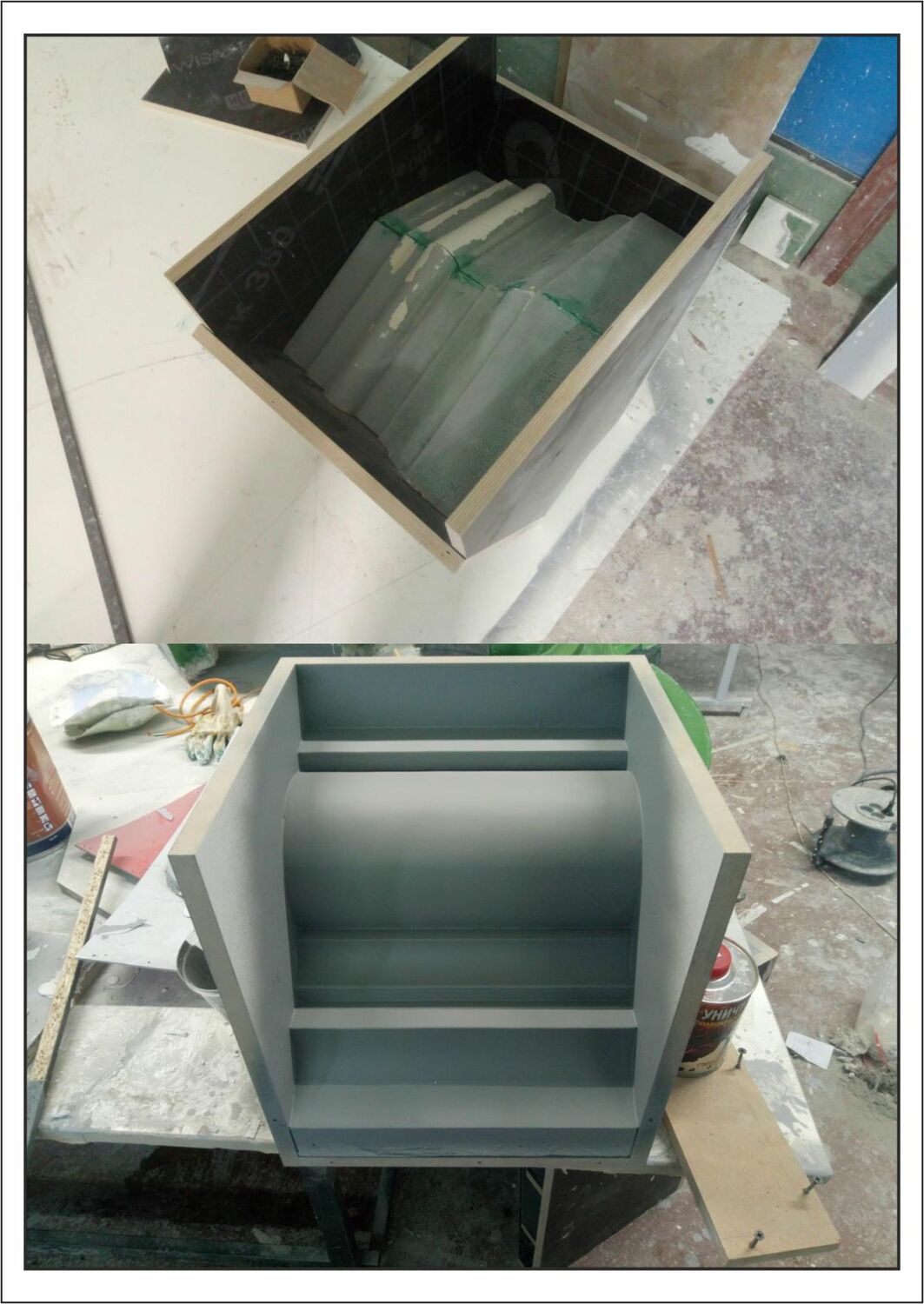 Подготовленные к формованию модели Загрунтованные и подготовленные гипсовые модели фасадного декора с отбортовкой для процесса формования.