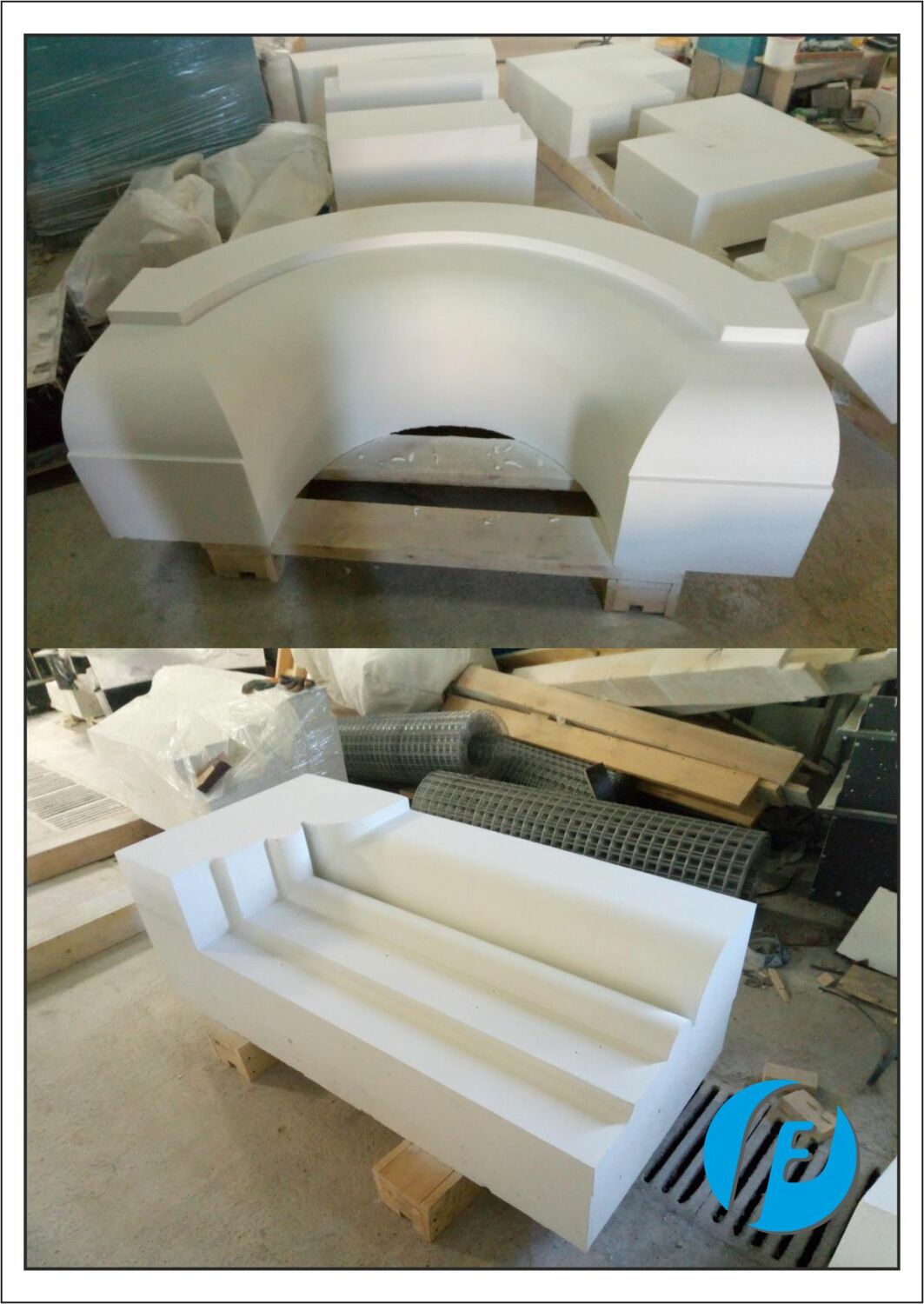 Свежие бетонные отливки Свежеотлитые элементы фасадного декора из белого бетона после извлечения из форм на производстве.