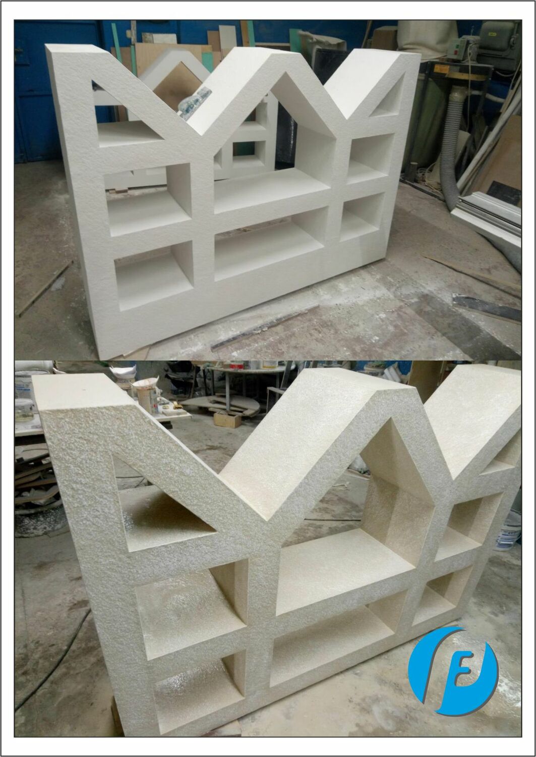 Сегменты шкафа с отделкой Облицованные текстурой каменного шпона сегменты фасада шкафа перед финальной сборкой.