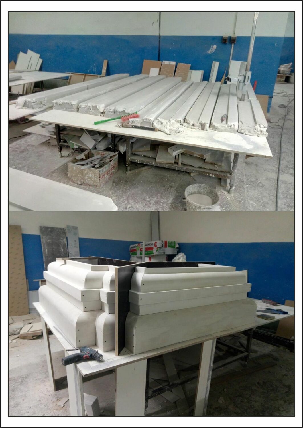 Прямые молдинги и капители Прямые гипсовые молдинги и модели геометрических капителей для горизонтального декорирования фасада церкви.