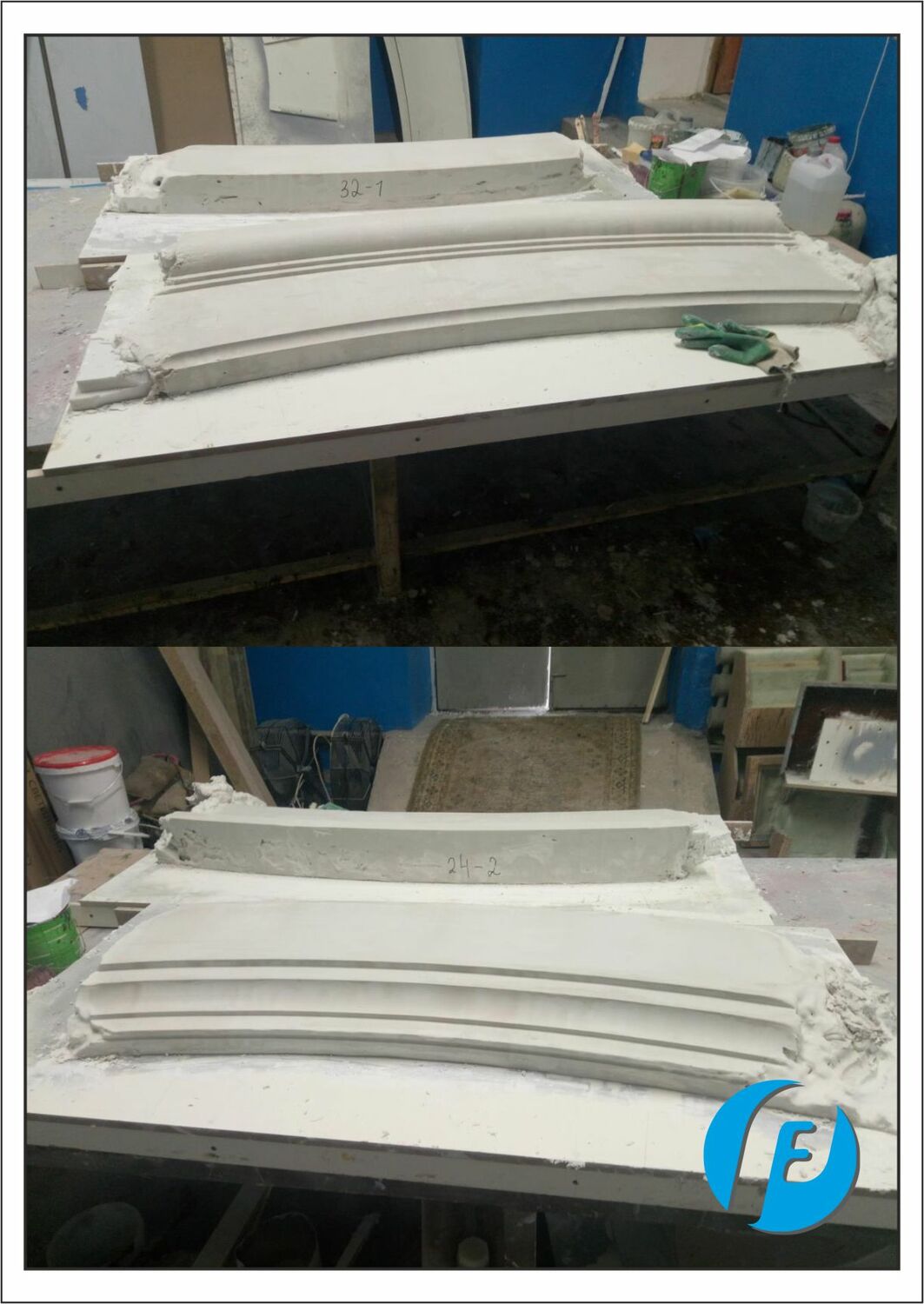 Протяжка гипсовых моделей Изготовление радиусных моделей для карнизов методом протяжки гипса на специальном станке.