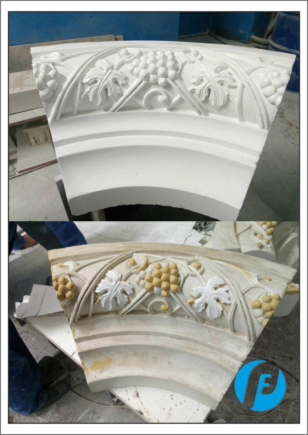 Изготовление модели арки Процесс лепки и грунтовки центрального сегмента радиусной арки с растительным орнаментом для оконного обрамления.