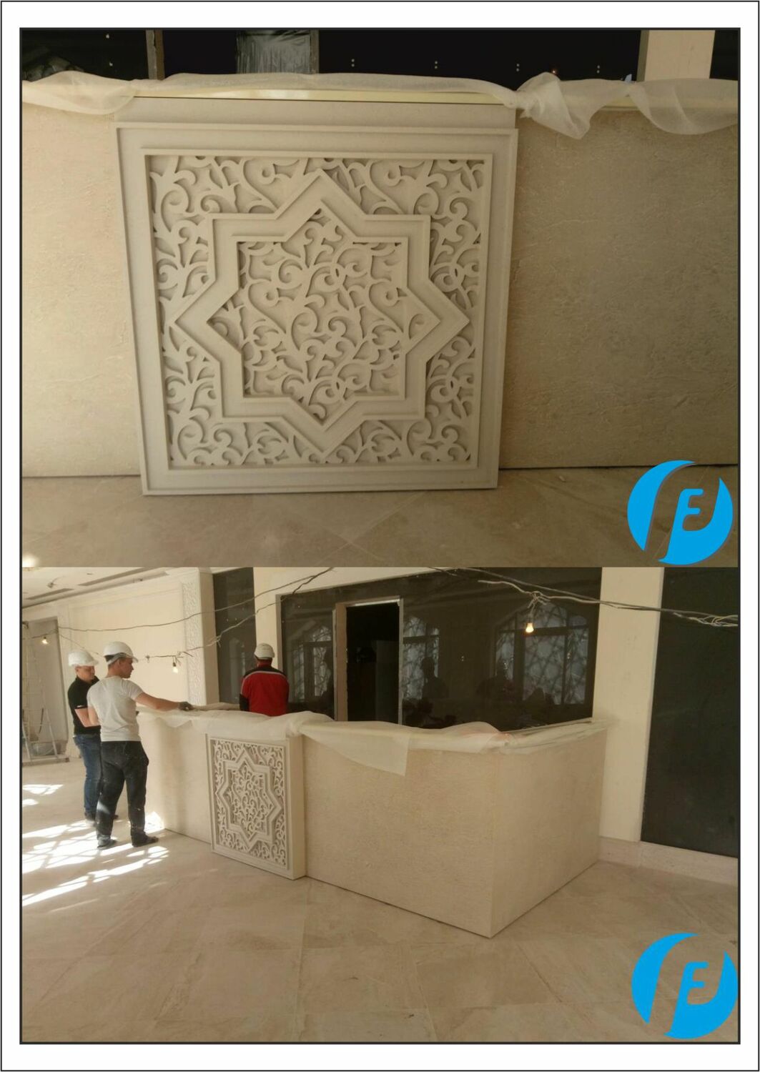 Монтаж основания ресепшена Установка готового основания стойки ресепшена, облицованного панелями с текстурой каменного шпона.