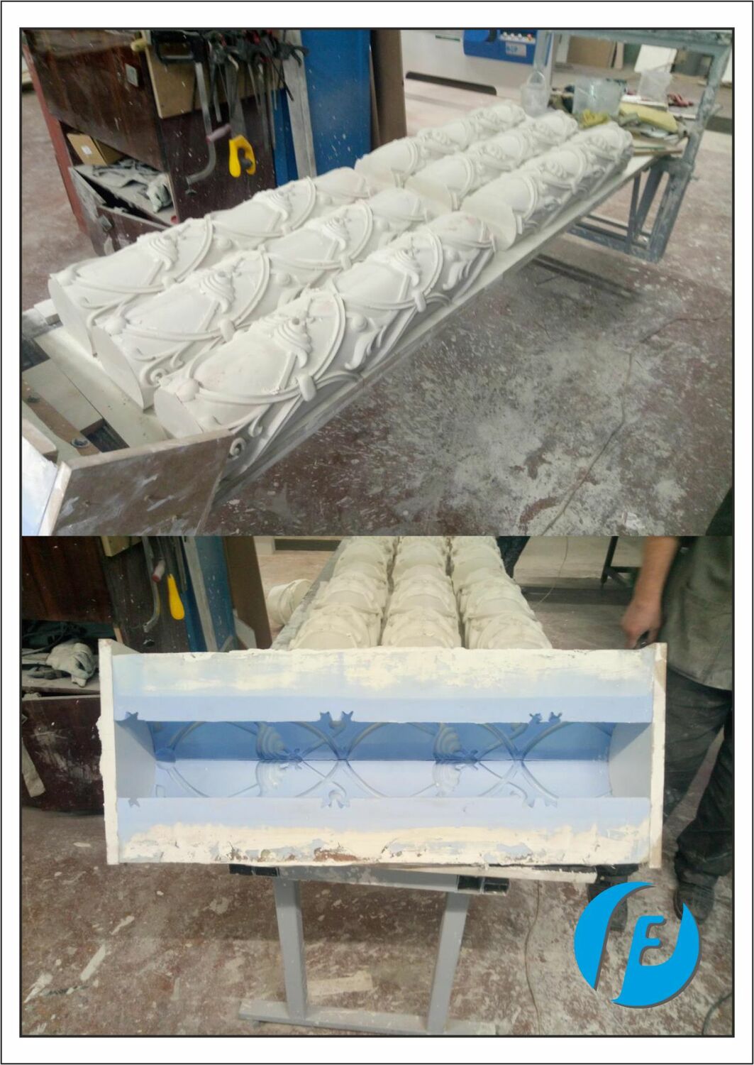 Форма и бетонные отливки колонн Стеклопластиковая форма для сегмента колонны и готовые отливки из белого бетона на производстве.