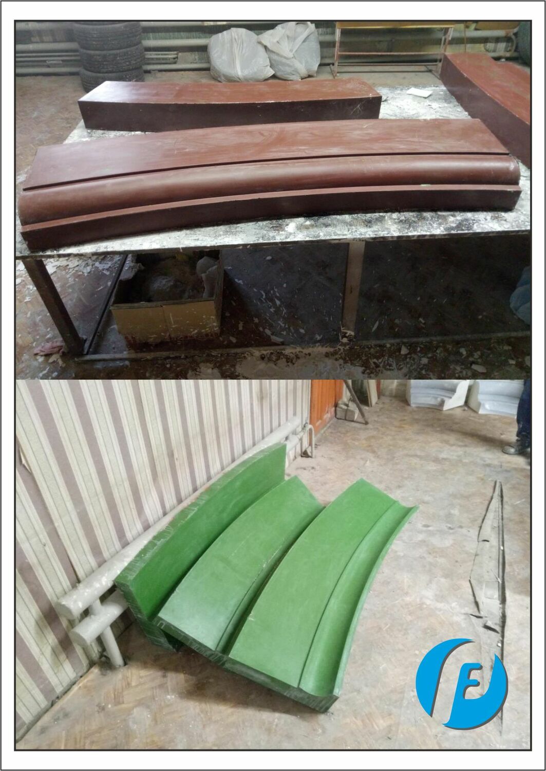 Готовые формы и вспомогательные модели Комплекс готовых стеклопластиковых форм для литья бетона и переходные пластиковые модели, использованные в процессе.