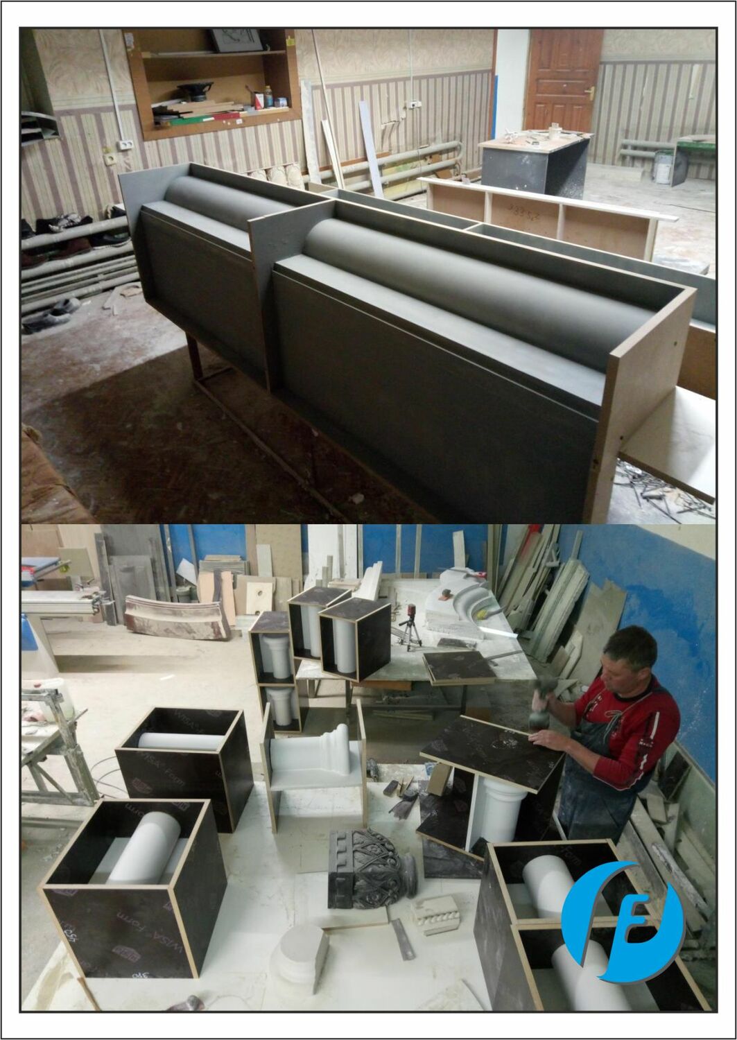 Модели перед нанесением гелькоута Гипсовые модели молдингов с отбортовкой, установленные на формовочные столы для нанесения гелькоута.