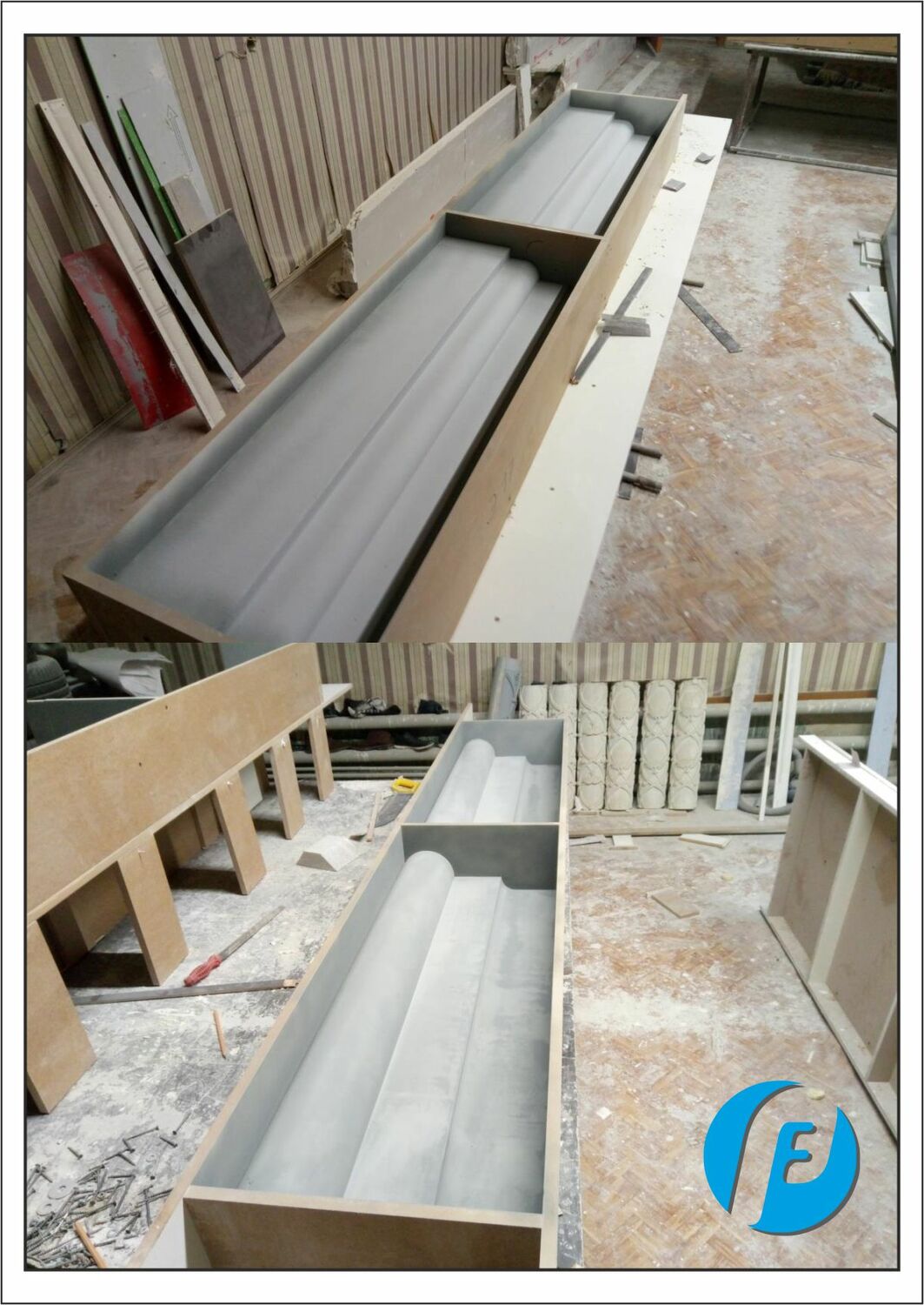 Комплект моделей для форм Комплекс загрунтованных гипсовых моделей молдингов и карнизов, готовых к изготовлению стеклопластиковых матриц.