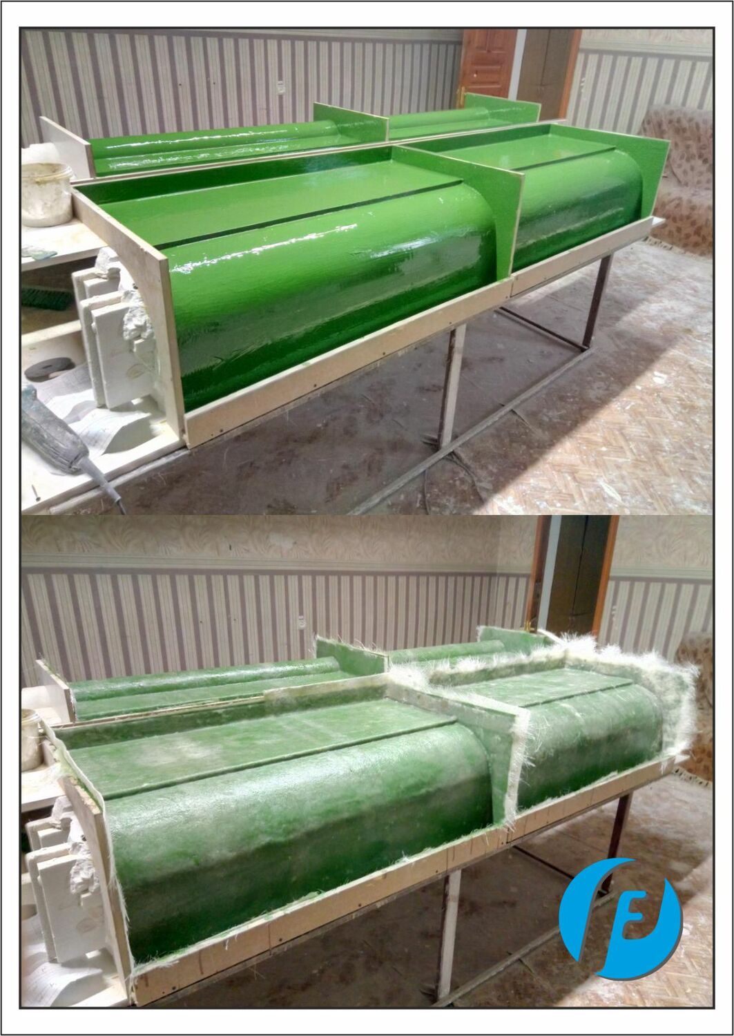 Армирование формы стекловолокном Второй слой гелькоута и армирование стекломатом при изготовлении несущей основы стеклопластиковой матрицы.