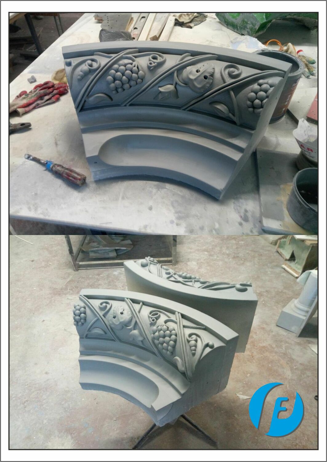 Сегменты арочного обрамления Парные сегменты радиусной арки оконного обрамления с симметричным растительным орнаментом, подготовленные для формования.