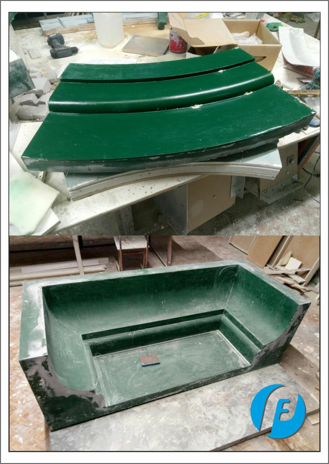 Извлеченные и обработанные матрицы Две стеклопластиковые формы после извлечения из моделей: свежая и после полировки рабочей поверхности.