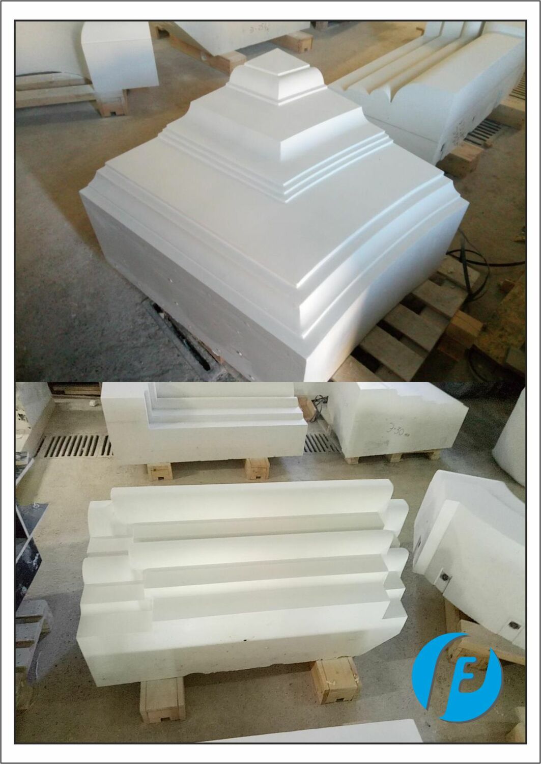 Ассортимент бетонных отливок Разнообразные отлитые детали из архитектурного бетона: колонны, сегменты арок, карнизы перед обработкой.