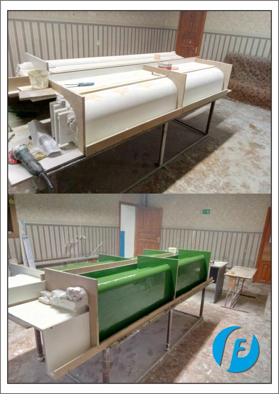 Процесс изготовления партии форм Партия гипсовых моделей фасадного декора с нанесенным гелькоутом в процессе производства стеклопластиковых форм.