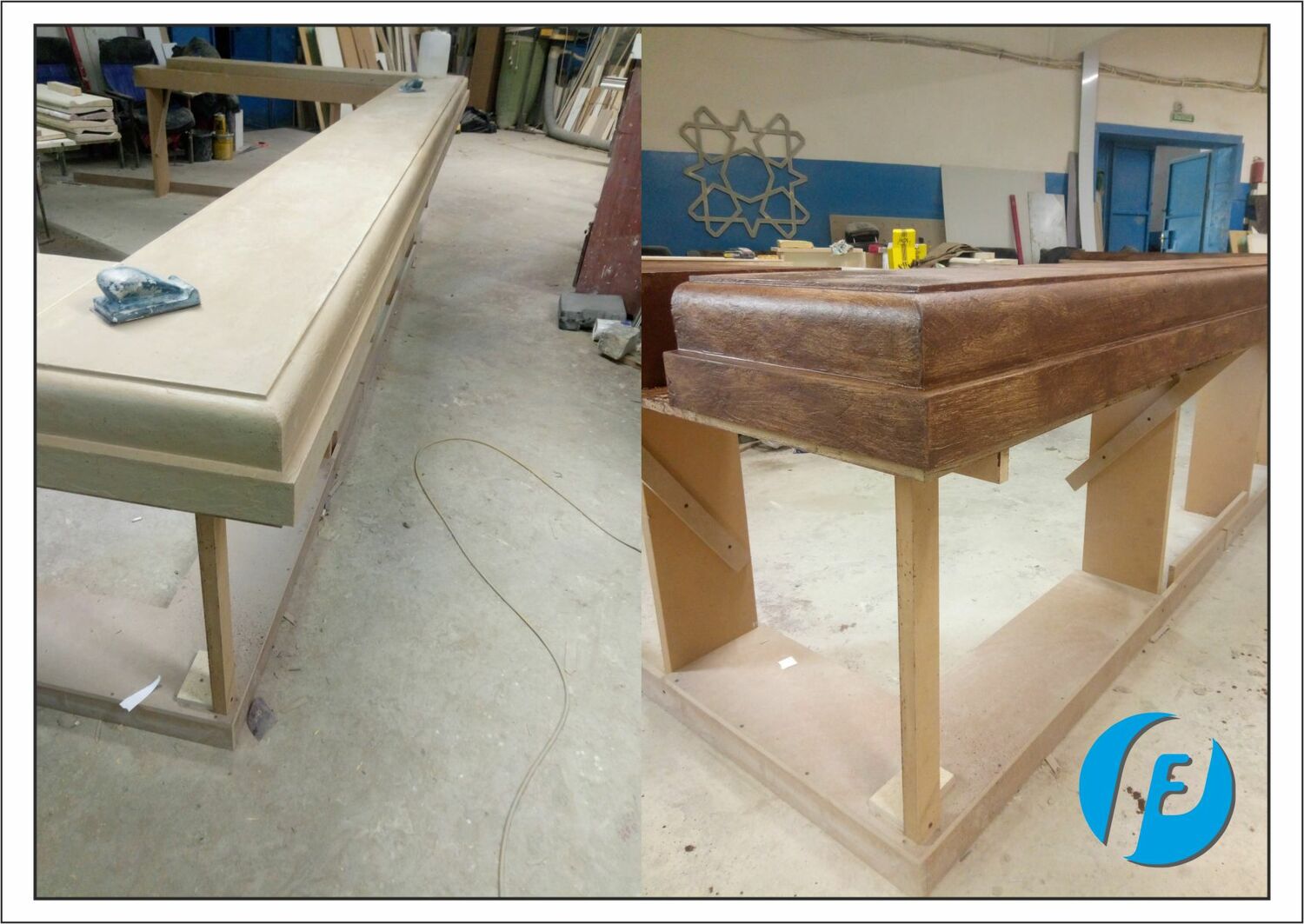 Патинирование основания Нанесение текстуры каменного шпона и эффекта художественного патинирования на основание ресепшена.