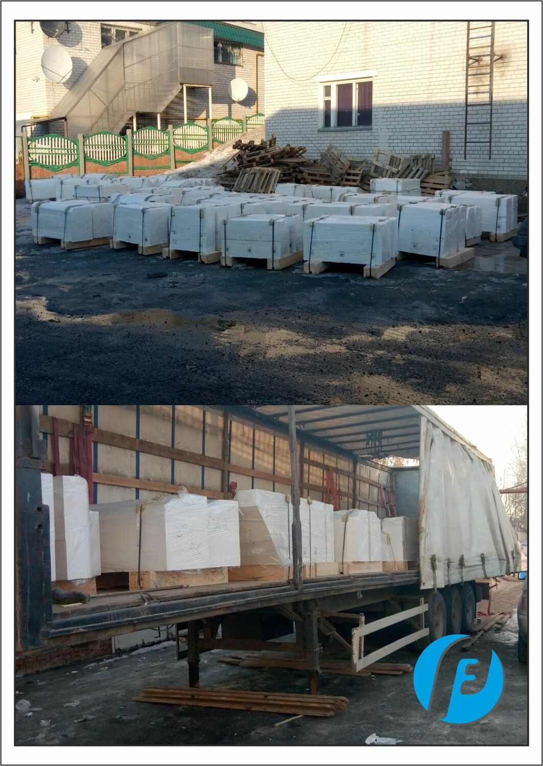 Упаковка и погрузка готовой продукции Аккуратная упаковка и погрузка белых бетонных фасадных элементов в автотранспорт для доставки в Когалым.