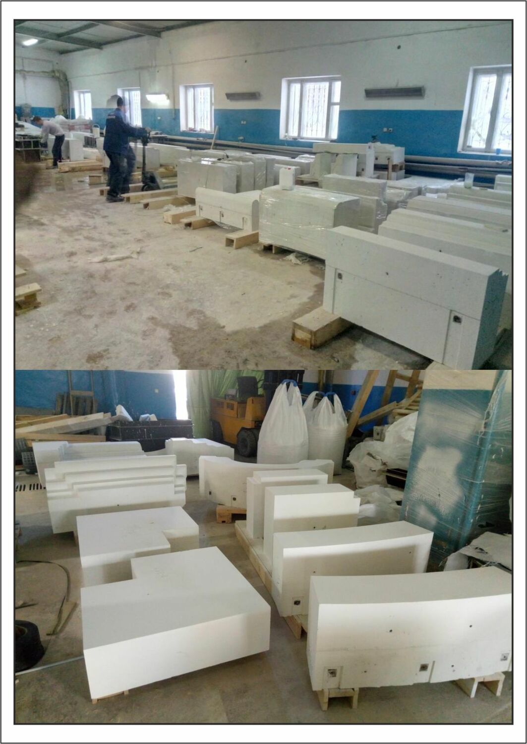 Склад выдержки бетона Готовые фасадные элементы из белого бетона на складе выдержки. Изделия набирают марочную прочность перед отправкой.