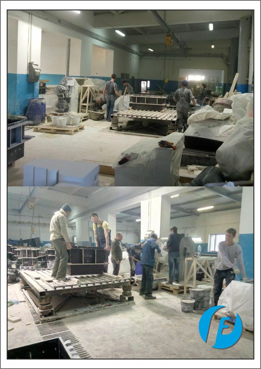 Формы перед заливкой Производственная линия: стеклопластиковые формы, установленные и подготовленные для заливки белым архитектурным бетоном.