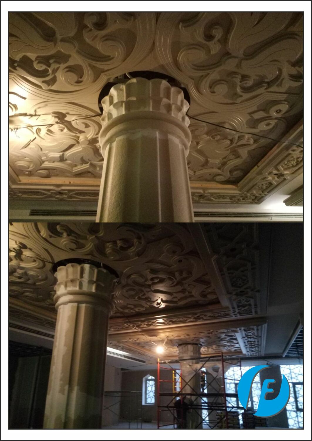 Сборка полной конструкции колонны Полная сборка колонны на объекте: монтаж сегментов ствола, базы и капители с затиркой всех соединений.