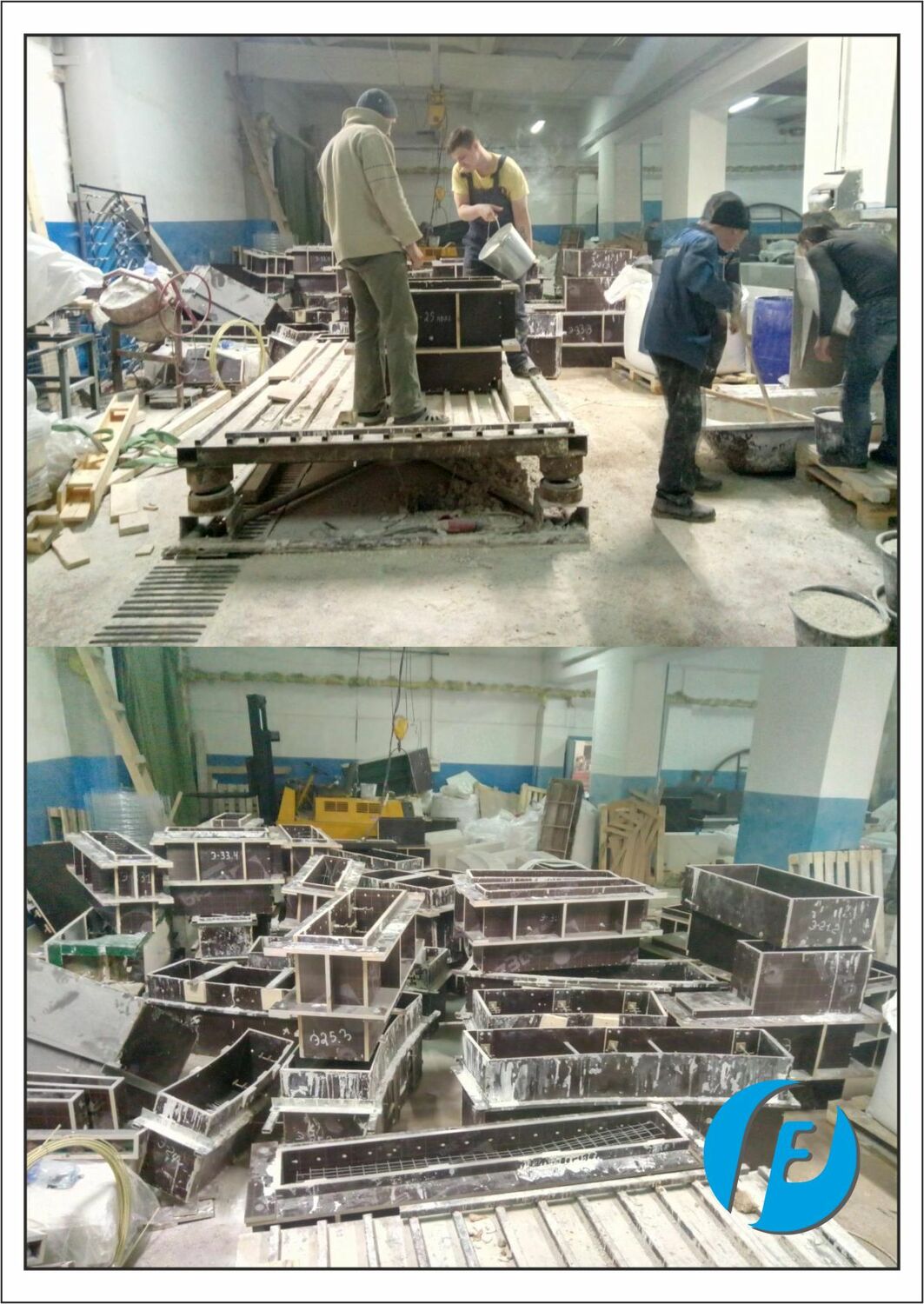 Заливка бетона в формы Процесс заливки белого бетона в формы для фасадных элементов и очередь форм на производственной линии.
