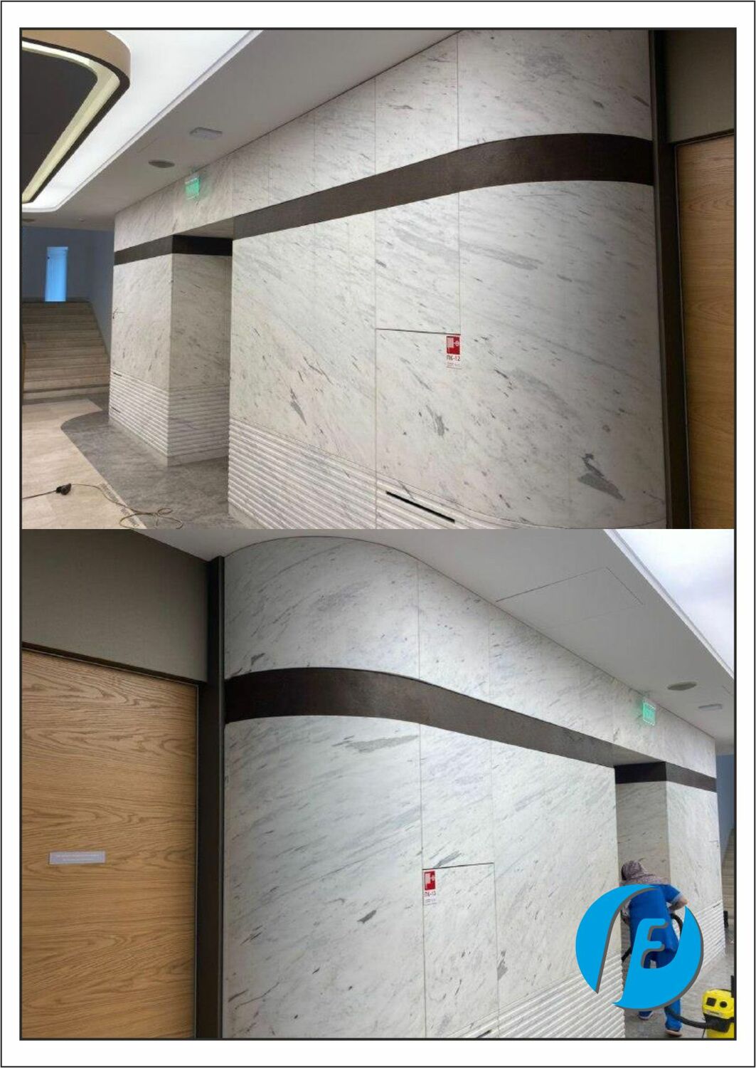 Радиусные бронзовые профили в интерьере Общий вид установленных радиусных бронзовых вставок, подчеркивающих геометрию архитектуры.