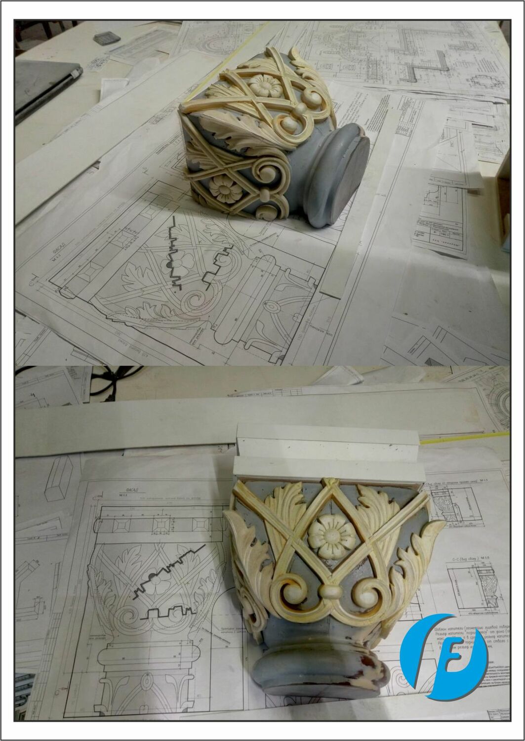 Модель капители с орнаментом Гипсовая модель капители с растительным орнаментом (листья винограда) для фасада храма на рабочих чертежах.