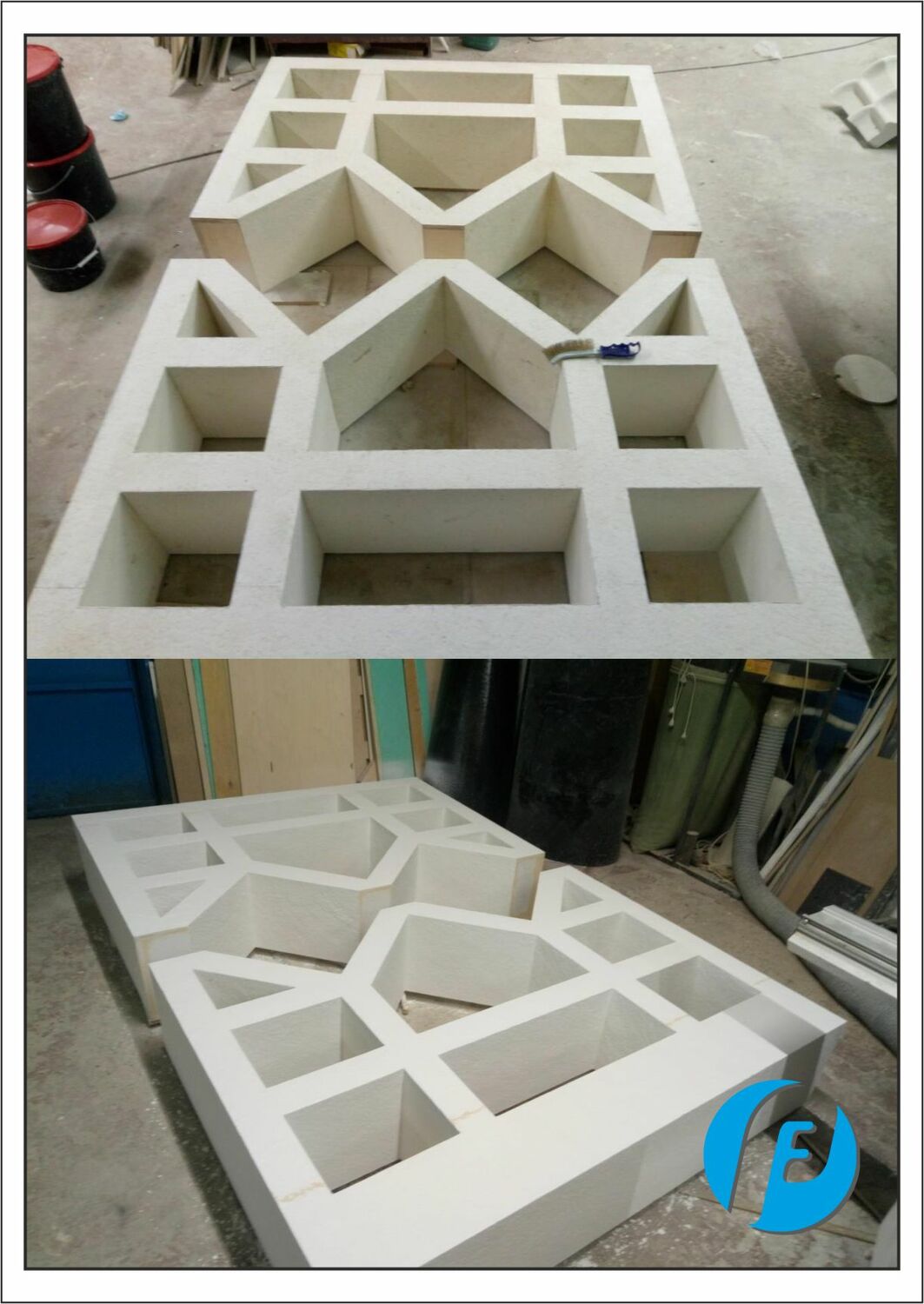 Примерка деталей шкафа в цеху Контрольная примерка и подгонка сегментов фасада шкафа в цеху для гарантии идеального примыкания.