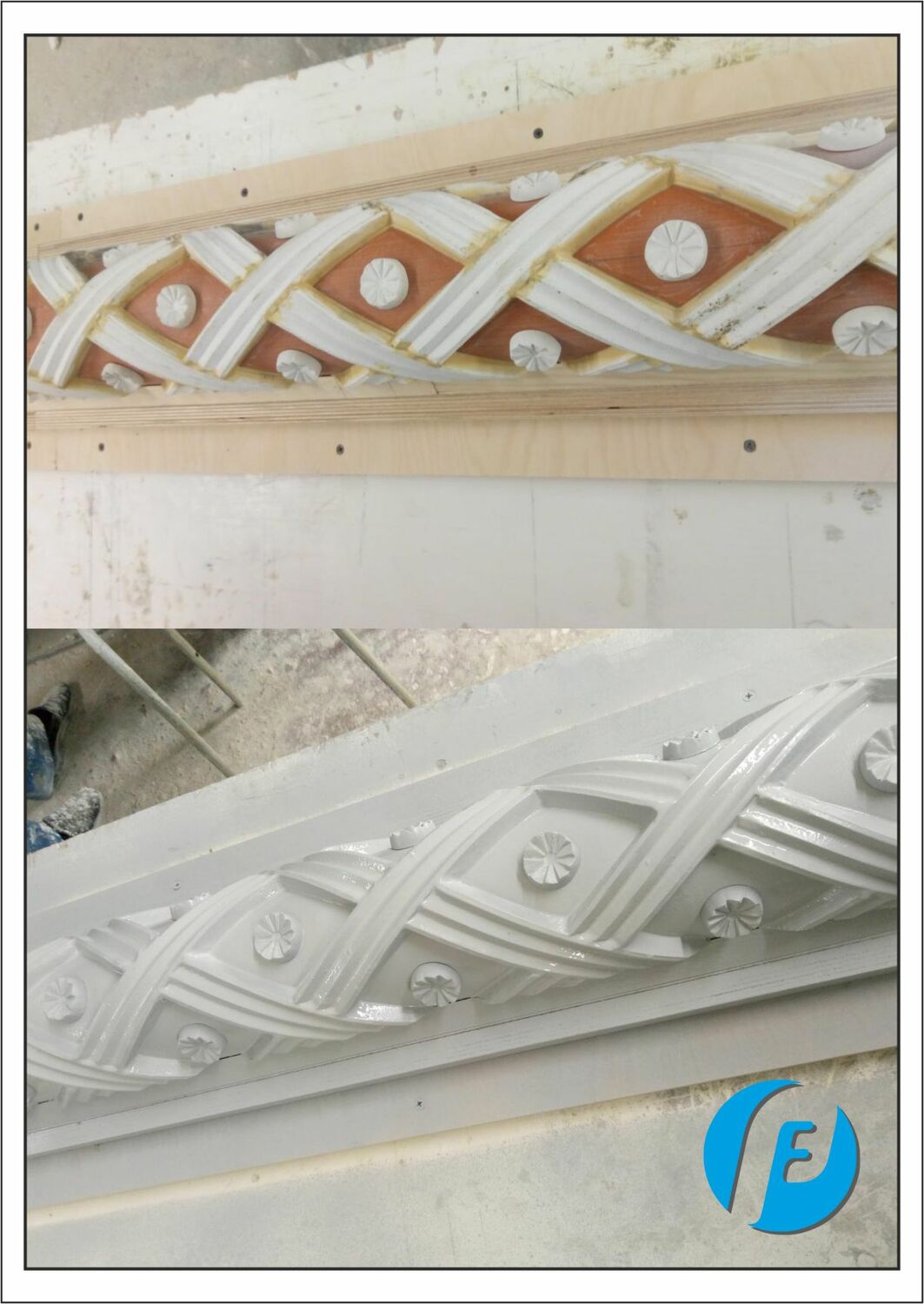 Готовая модель геометрической колонны Готовая и загрунтованная гипсовая модель колонны с геометрическим рельефом для фасадного декора храма.