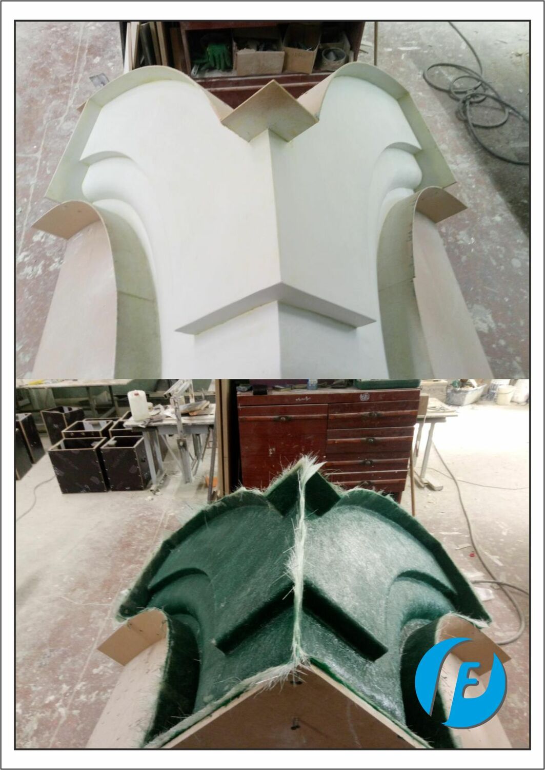 Форма на угловой модели Угловая гипсовая модель с нанесенной на нее готовой стеклопластиковой формой перед этапом разделения.