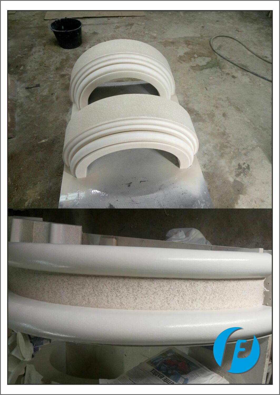 Элементы колонны с фактурой Готовые элементы колонны — базы и сегмент капители — с нанесенной фактурой каменного шпона.