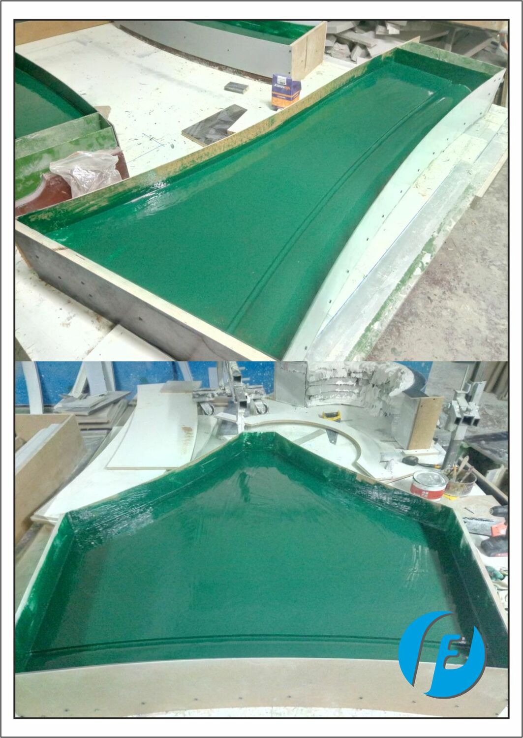 Нанесение гелькоута Начало формования: нанесение первого слоя цветного гелькоута на гипсовые модели для создания лицевой поверхности формы.