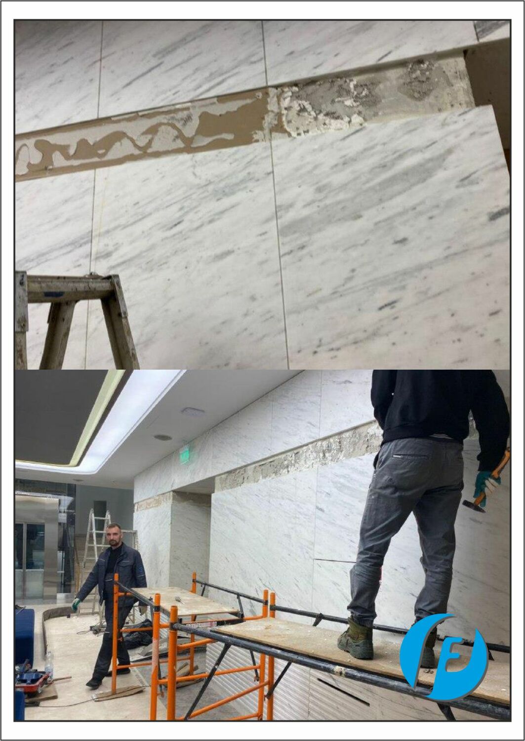 Монтаж бронзовых вставок на объекте Процесс монтажа бронзовых профилей в подготовленные ниши мраморной облицовки.